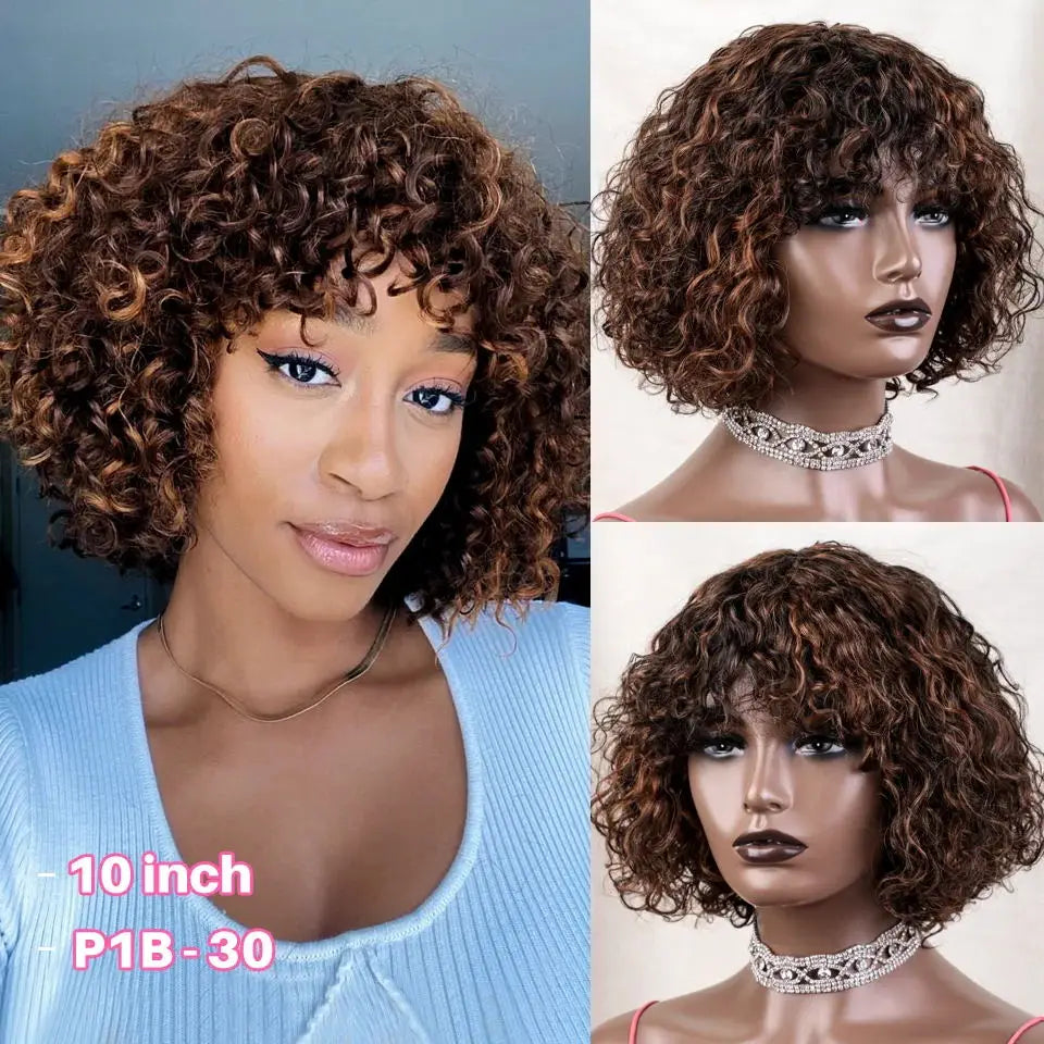Fringe Bang Wig With Deep Wave Human Hair Water Wave Natural Deep Curly Brazilian Hair Wigs 180% Density For Women