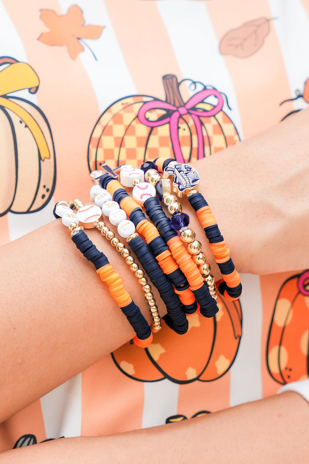 Russet Orange 7pcs Game Day Football Stackable Bracelet Set