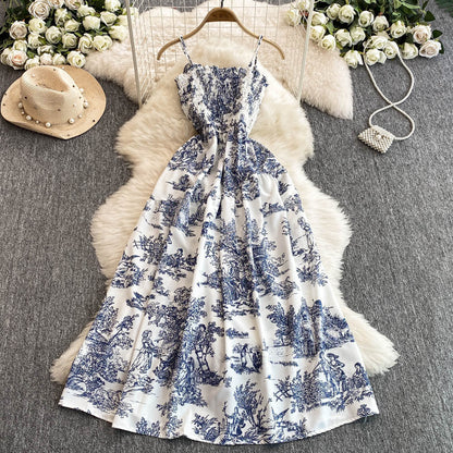 Womens Retro Chiffon Printed Backless Slip Dress