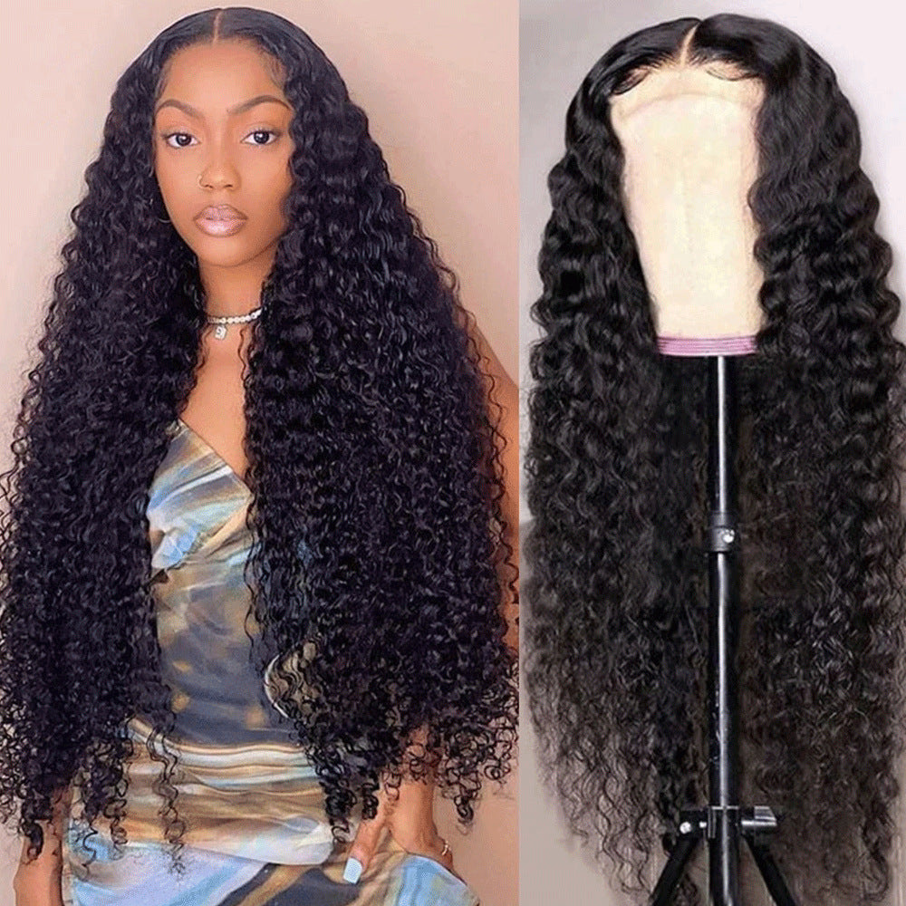 Black Wig Head Cover Fluffy Long Curly Hair Mid-split Full Top Pullover