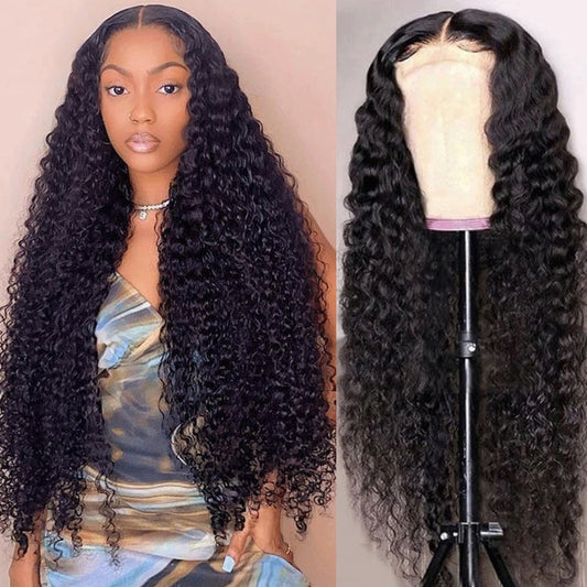 Black Wig Head Cover Fluffy Long Curly Hair Mid-split Full Top Pullover