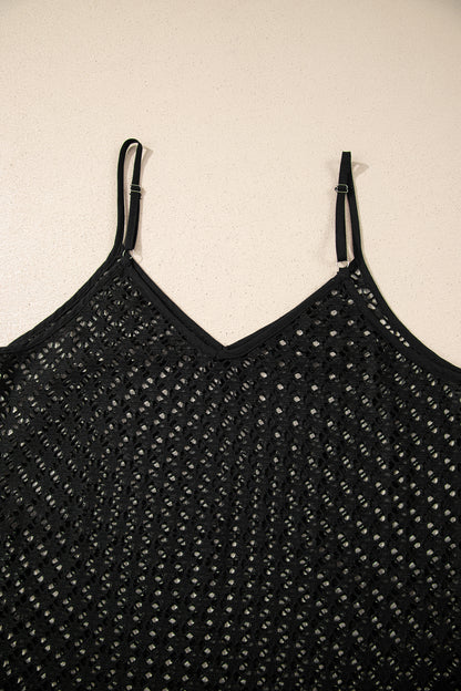 Black See Through Patterned Knit Ruffle Hem Patchwork Beach Cover Up