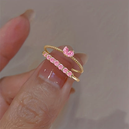Women's Luxury Elegant Design Adjustable Heart Rhinestone Stackable Ring Set, Perfect For Daily Gatherings, Music Festivals & Banquets, Ideal Gift For Friends