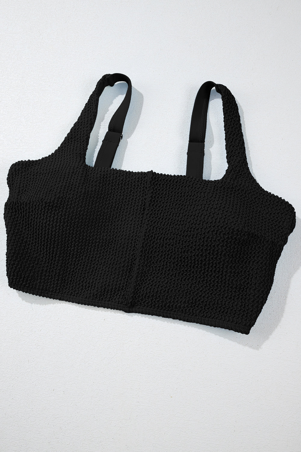 Black Corded Solid Square Neck Bikini Swimsuit