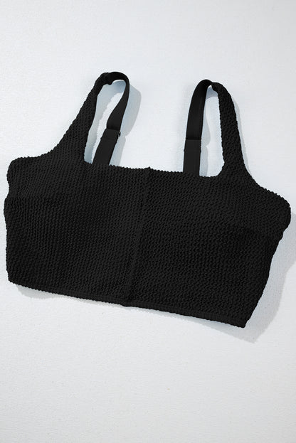 Black Corded Solid Square Neck Bikini Swimsuit