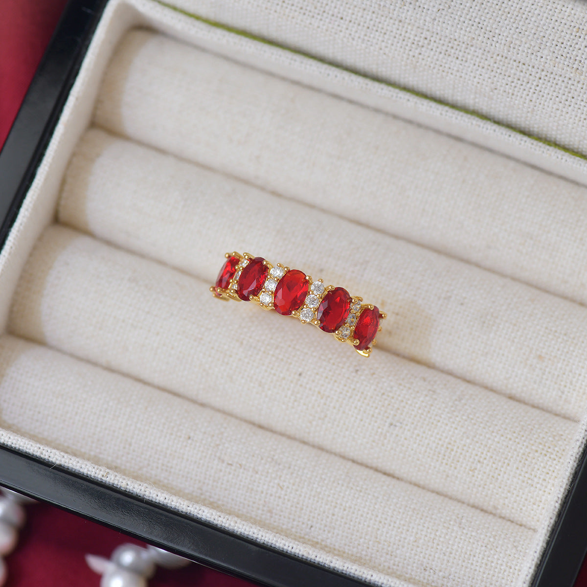 Horse-eye Olive Green Zircon Heavy Industry Stylish Open Ring Women's Red