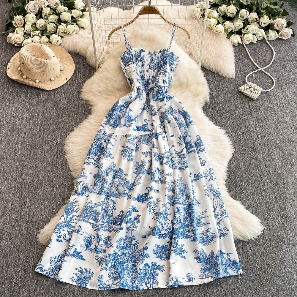 Womens Retro Chiffon Printed Backless Slip Dress