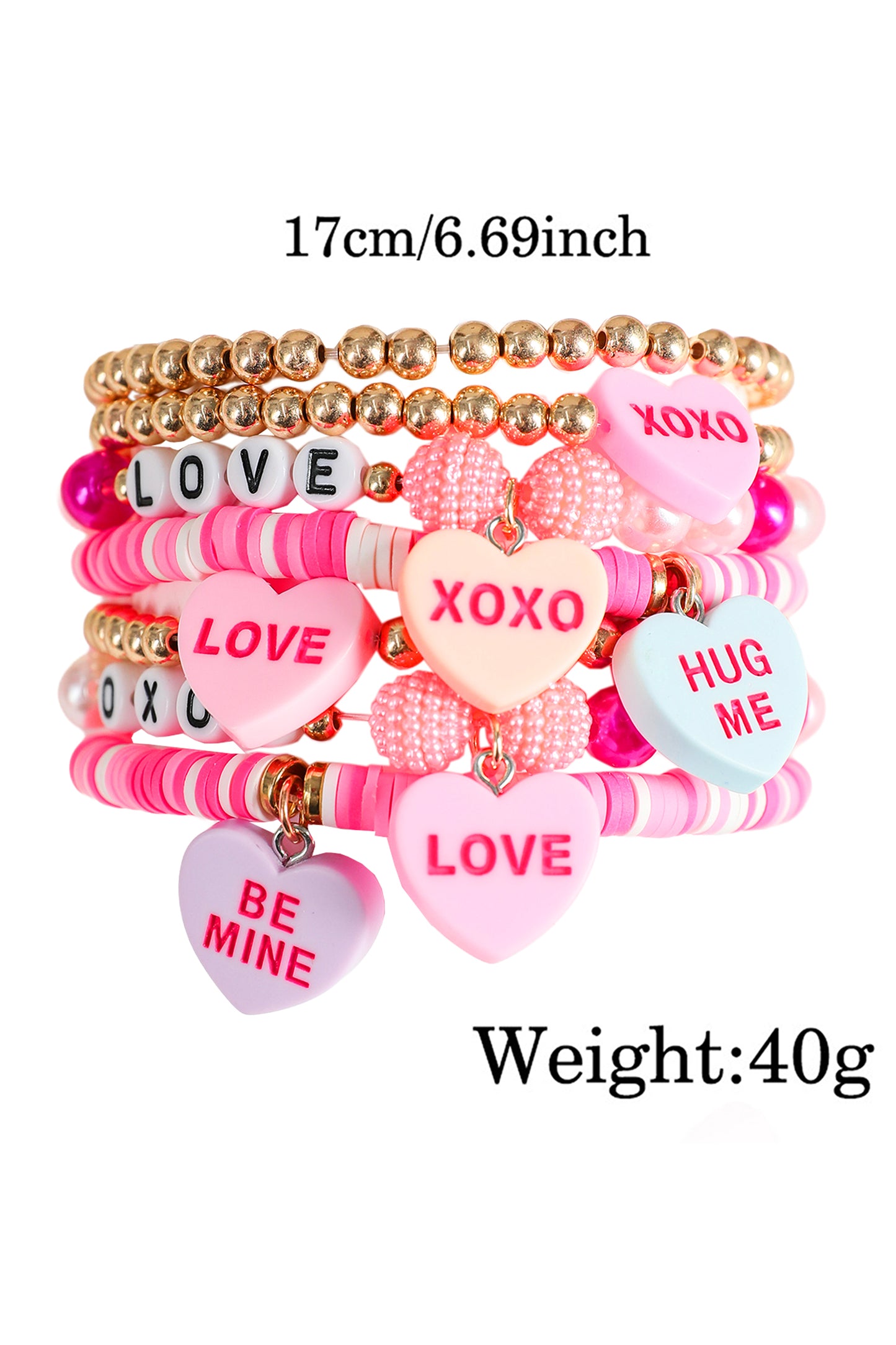 Bonbon Valentine Heart Pendant Beaded Elastic Bracelet Set