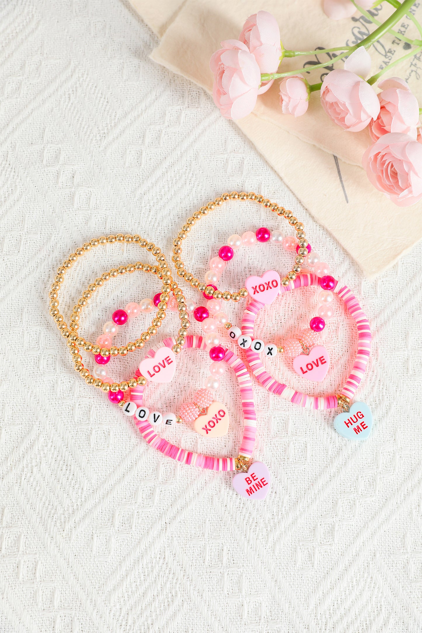 Bonbon Valentine Heart Pendant Beaded Elastic Bracelet Set