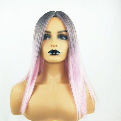Long Straight Black Gradient LightPink Wig Headgear