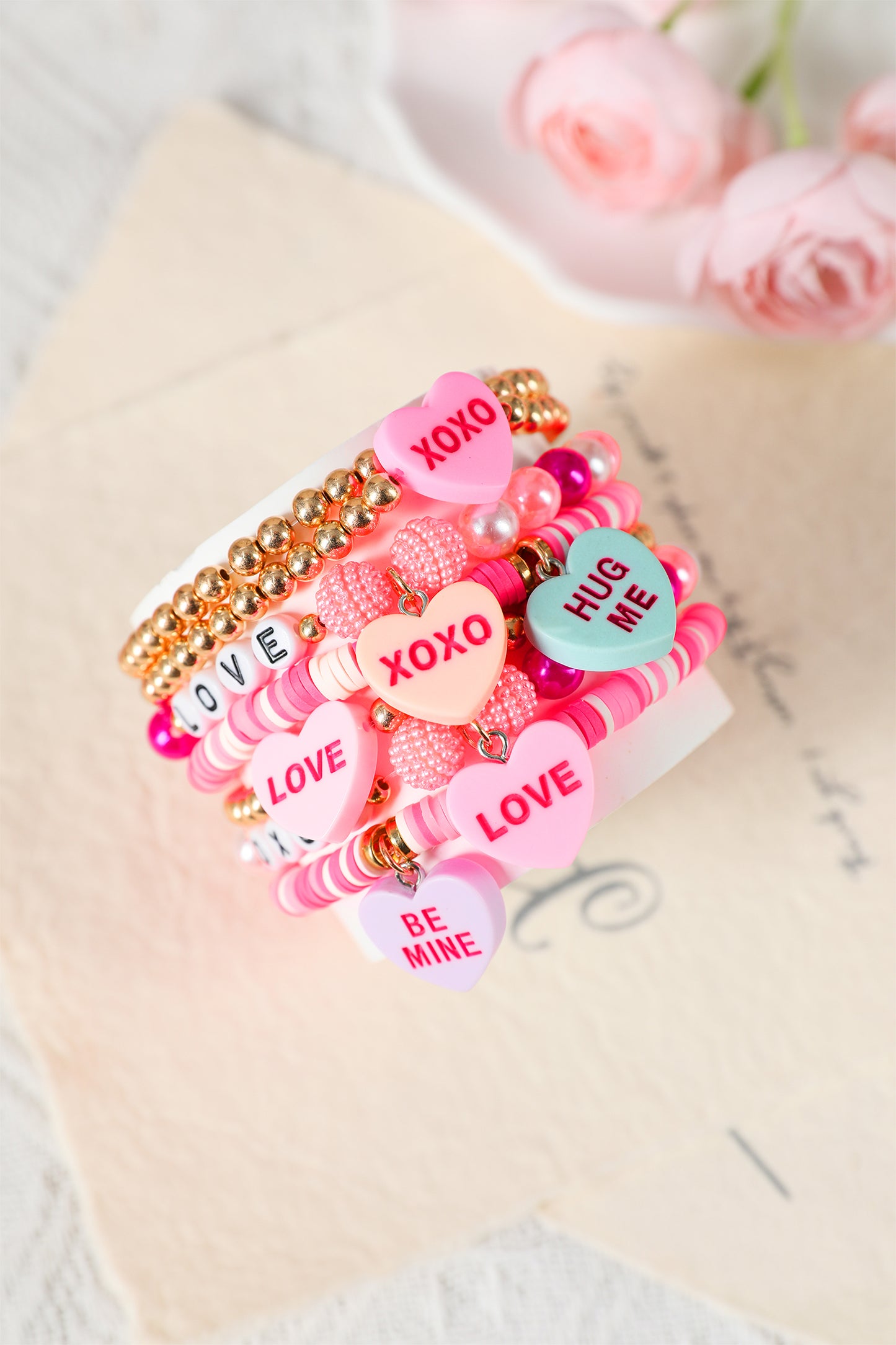 Bonbon Valentine Heart Pendant Beaded Elastic Bracelet Set
