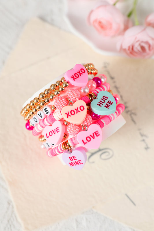 Bonbon Valentine Heart Pendant Beaded Elastic Bracelet Set