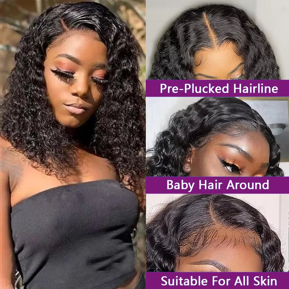 Deep Curly Short Bob Wig 100% Human Hair 13x4 Lace Front Wig Natural Black Deep Wave Pre Plucked Closure Wig 4x4 220% Density