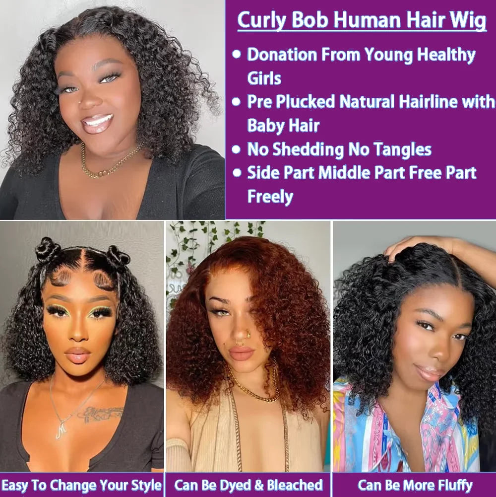 Deep Curly Short Bob Wig 100% Human Hair 13x4 Lace Front Wig Natural Black Deep Wave Pre Plucked Closure Wig 4x4 220% Density