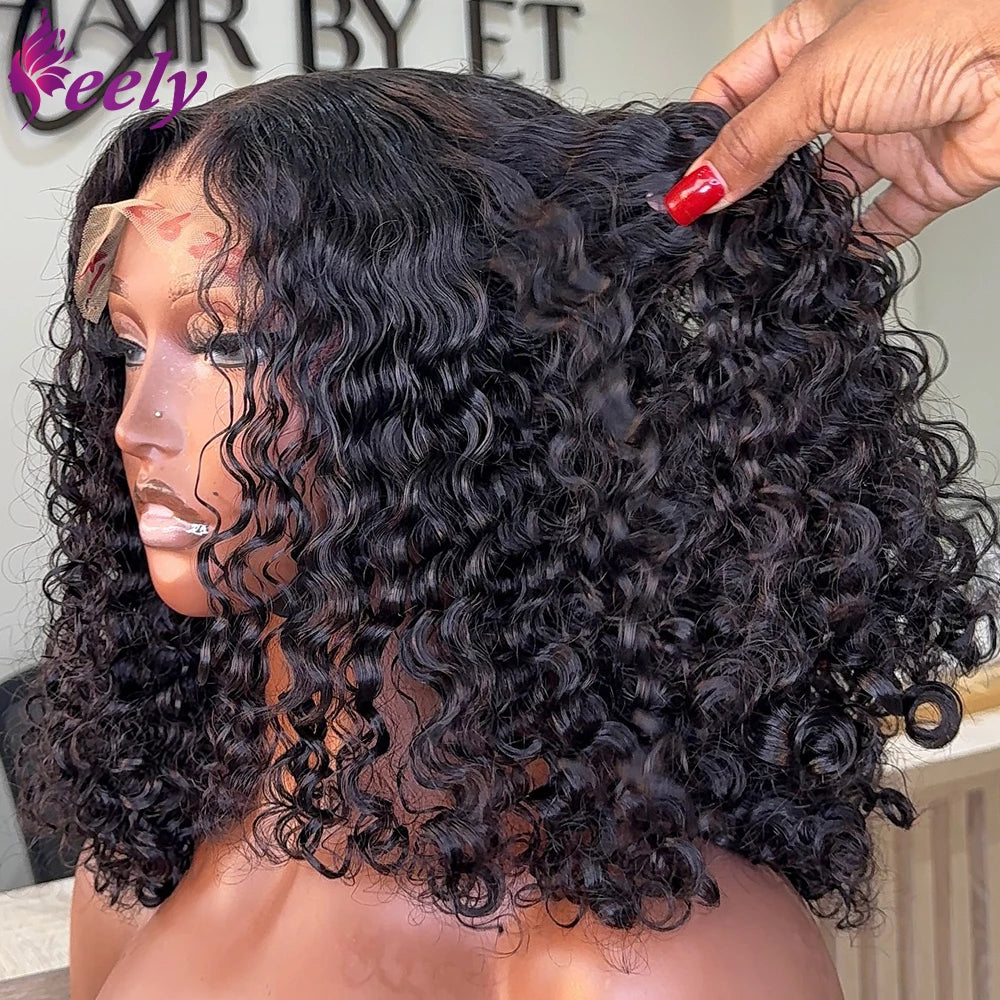 Deep Curly Short Bob Wig 100% Human Hair 13x4 Lace Front Wig Natural Black Deep Wave Pre Plucked Closure Wig 4x4 220% Density