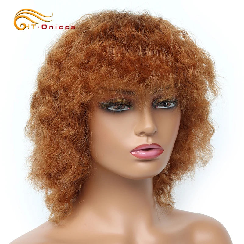 Short Deep Wave Human Hair Wigs For Women Machine Made Brazilian Remy Hair Wigs With Bangs 1B/30/99J Deep Curly Bob Wigs On Sale