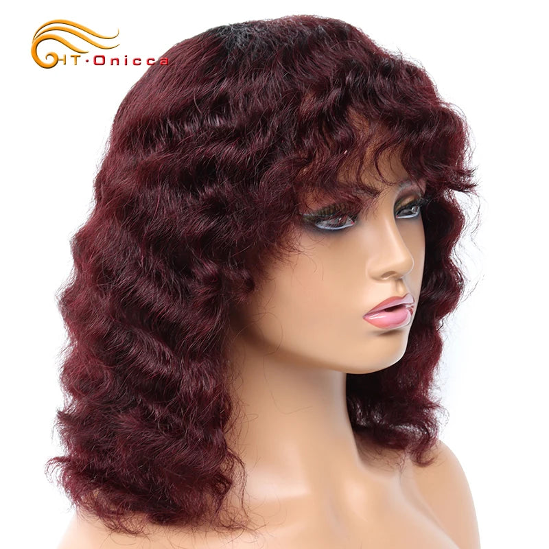 Short Deep Wave Human Hair Wigs For Women Machine Made Brazilian Remy Hair Wigs With Bangs 1B/30/99J Deep Curly Bob Wigs On Sale