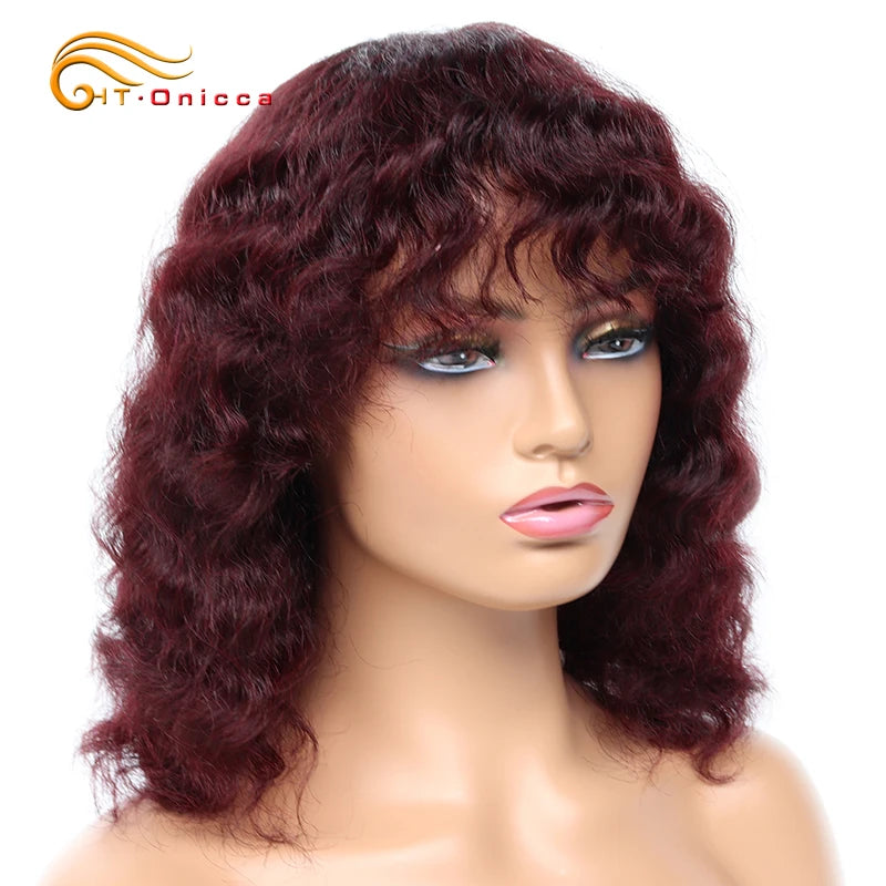 Short Deep Wave Human Hair Wigs For Women Machine Made Brazilian Remy Hair Wigs With Bangs 1B/30/99J Deep Curly Bob Wigs On Sale