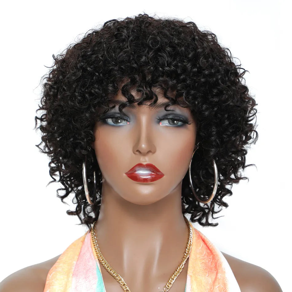 Deep Curly Human Hair Wigs For Women Non Lace Front Curly Wig With Bangs Brazilian Remy Hair Full Machine Made Wig Short Bob Wig