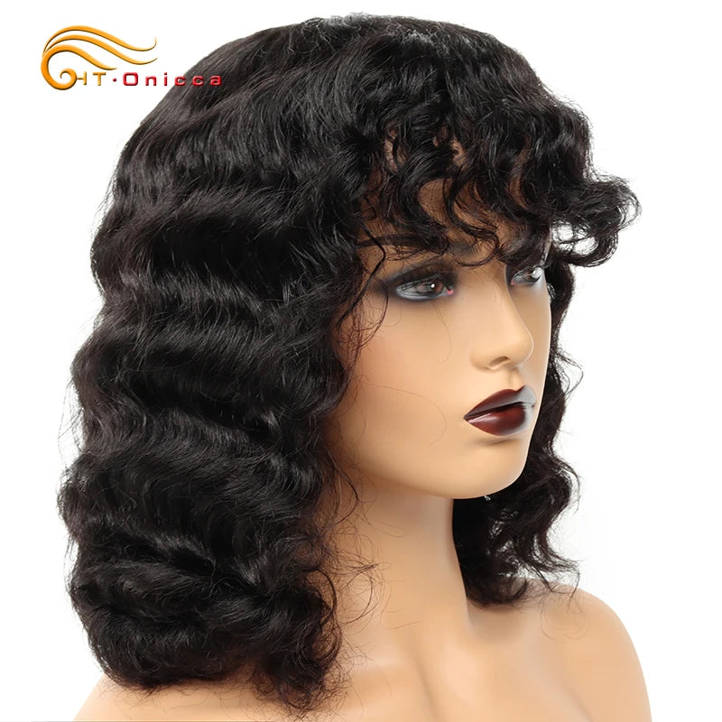 Short Deep Wave Human Hair Wigs For Women Machine Made Brazilian Remy Hair Wigs With Bangs 1B/30/99J Deep Curly Bob Wigs On Sale