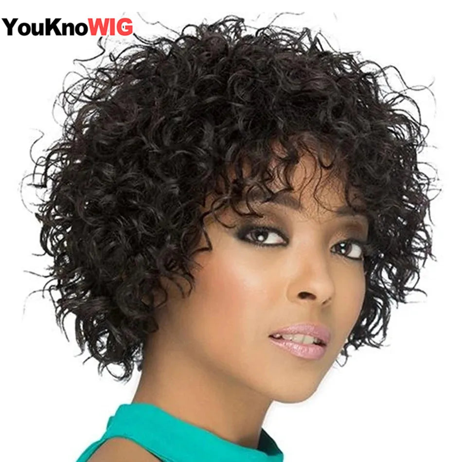 Deep Curly Human Hair Wigs For Women Non Lace Front Curly Wig With Bangs Brazilian Remy Hair Full Machine Made Wig Short Bob Wig