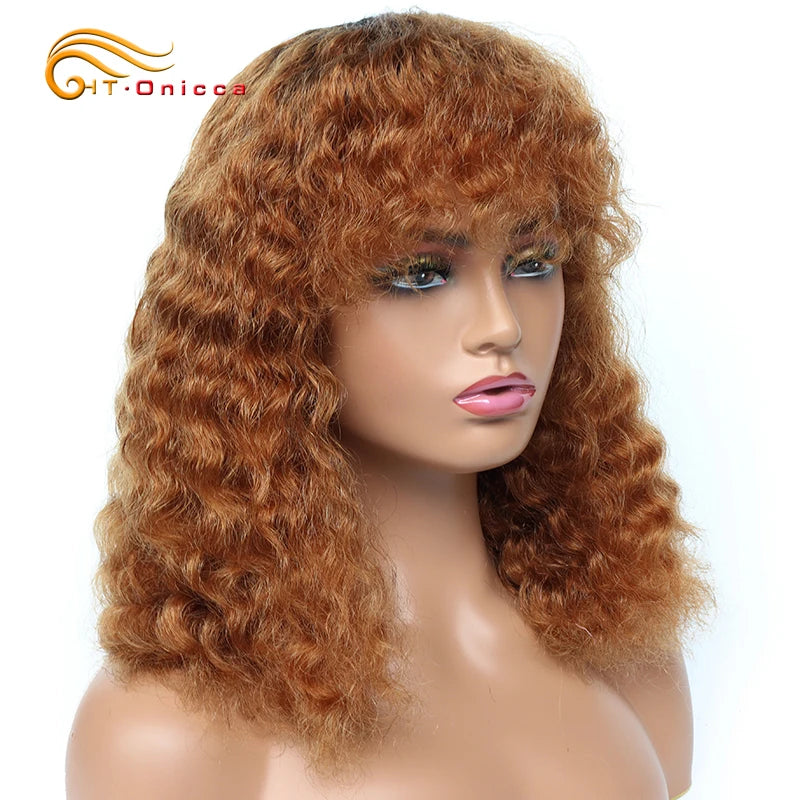 Short Deep Wave Human Hair Wigs For Women Machine Made Brazilian Remy Hair Wigs With Bangs 1B/30/99J Deep Curly Bob Wigs On Sale