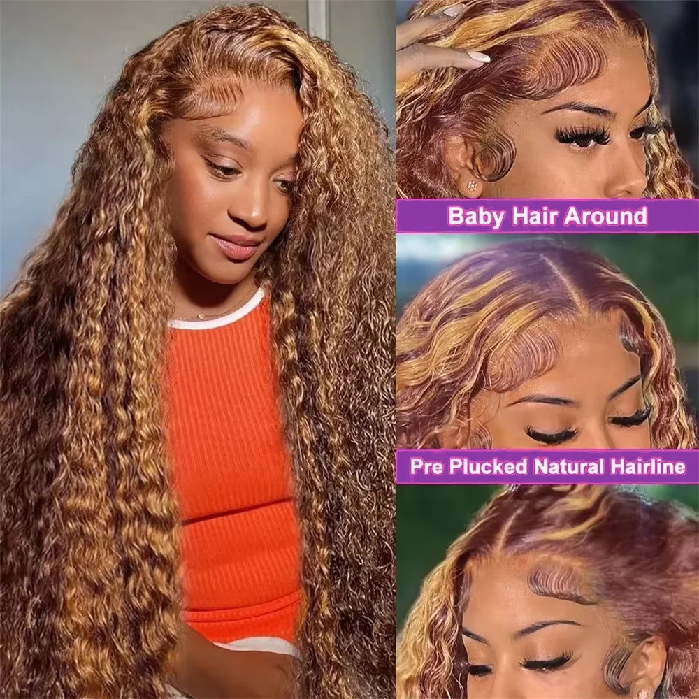 4/27 32 Inch Highlight Honey Brown Curly Lace Front Human Hair Wigs 13x6 Ombre Colored Deep Wave Lace Frontal Wigs Women ﻿