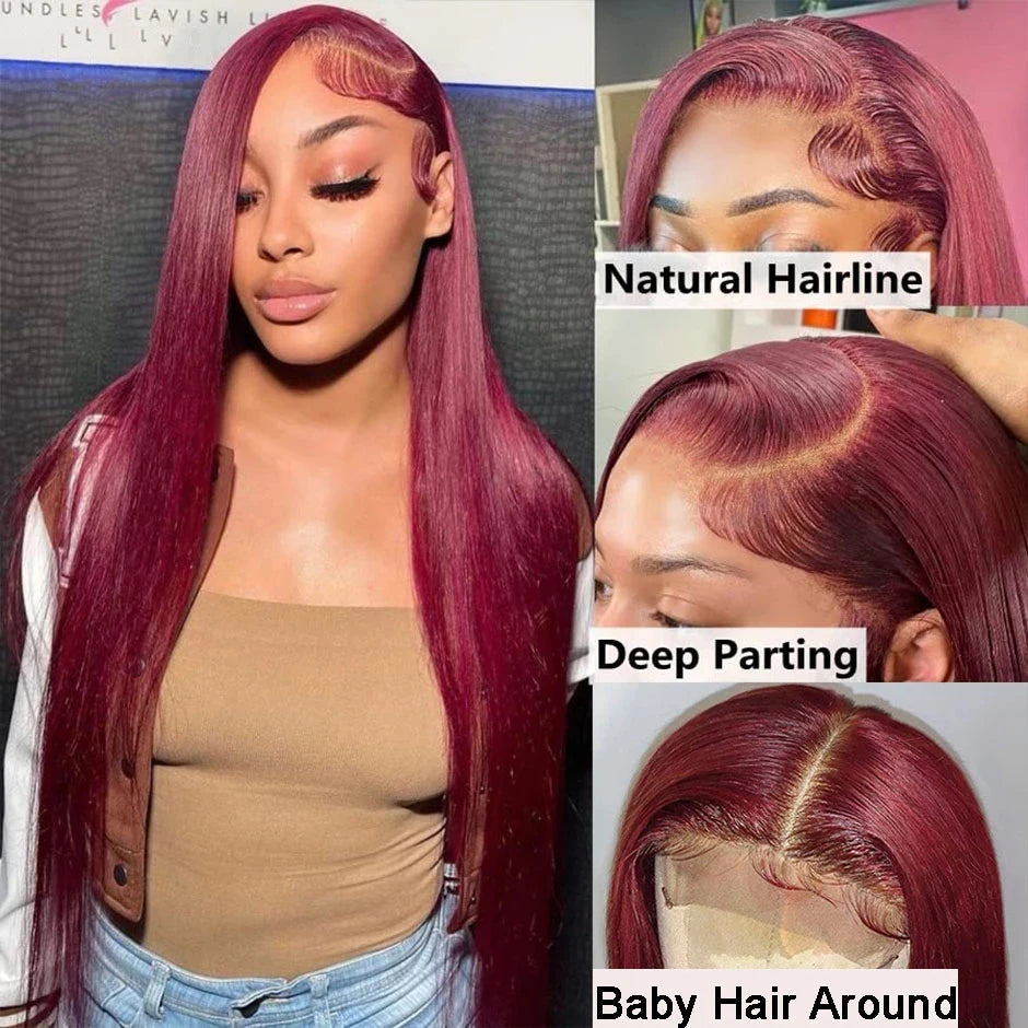 250 Density 99J Burgundy 13x6 Lace Frontal Human Hair Wigs Brazilian Colored 30 40 Inch Straight Red Lace Front Wigs Human Hair