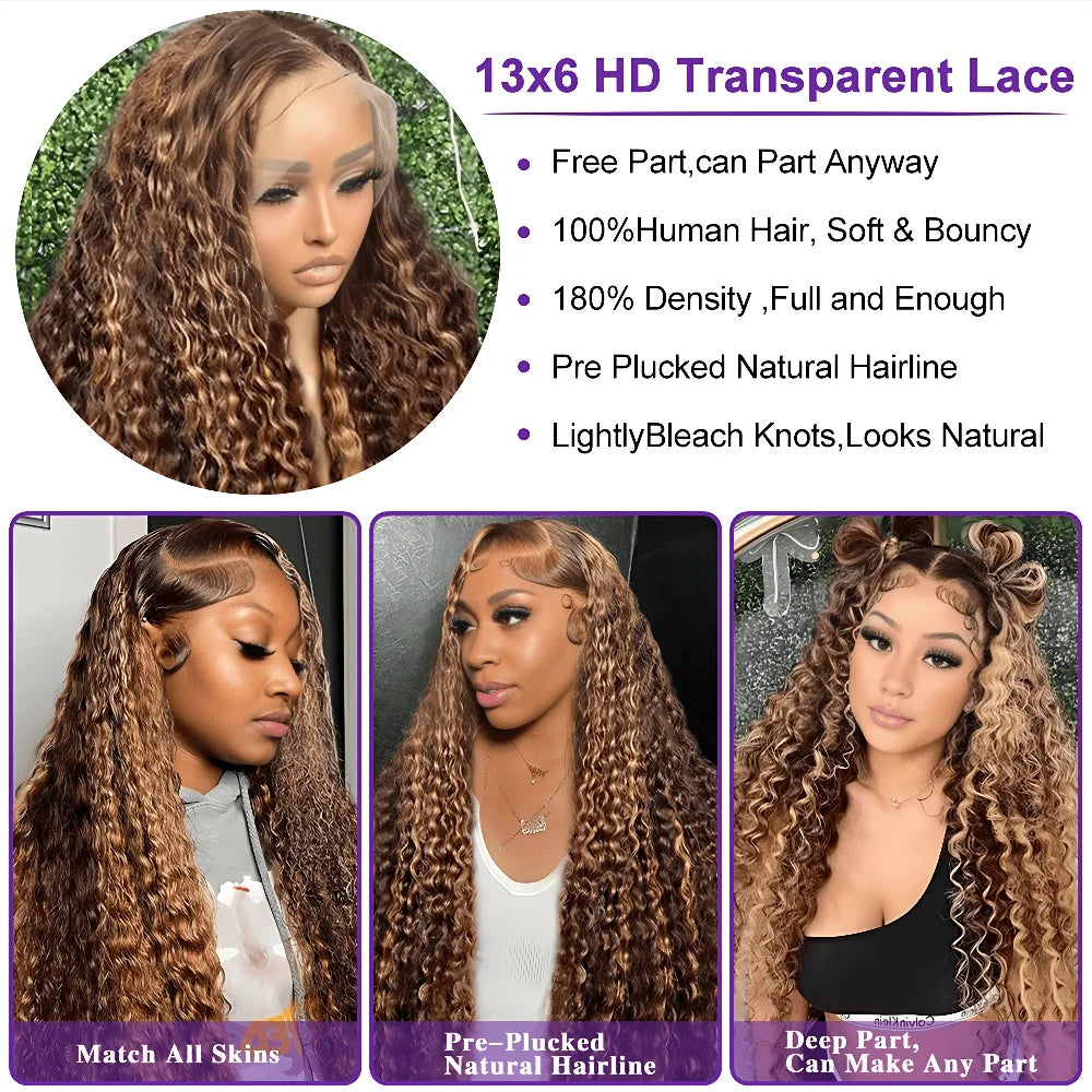 Highlight Deep Wave Wigs 100%Human Hair Wig 13x6/13X4 HD Lace Frontal Wig Honey Blonde 13x4 Lace Front Human Hair Wigs For Women