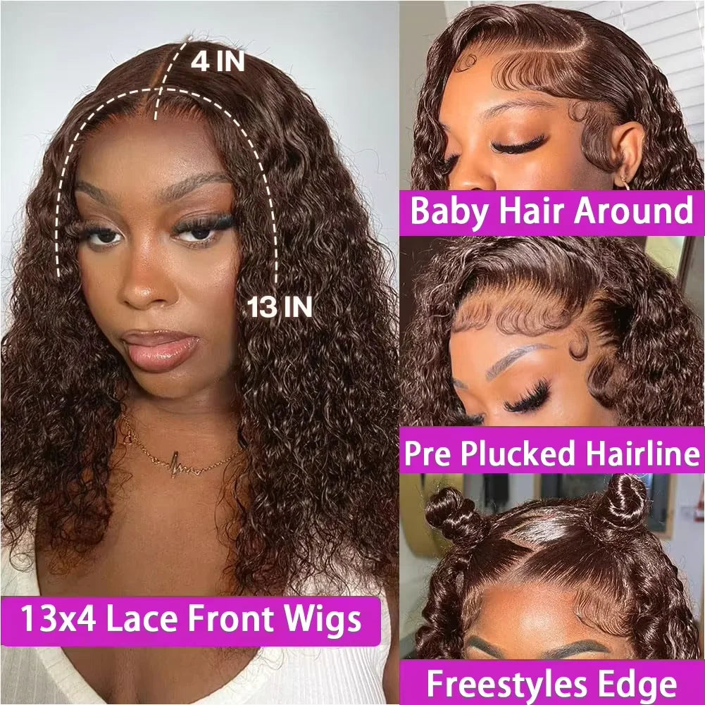 Deep Wave #4 Brown Water Wave Human Hair Bob Wigs 13×4 Lace Frontal Wigs Human Hair Short Wig Transparent Lace Human Hair Wig