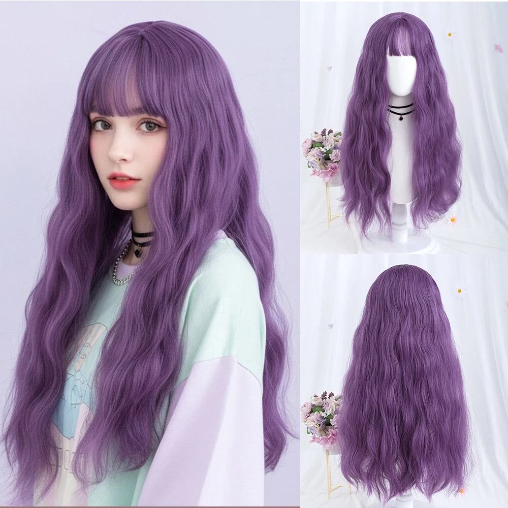 Long Wavy Synthetic Wig Deep Purple with Bangs Perfect for Daily Wear Cosplay Party Looks Fashion Fake Hair