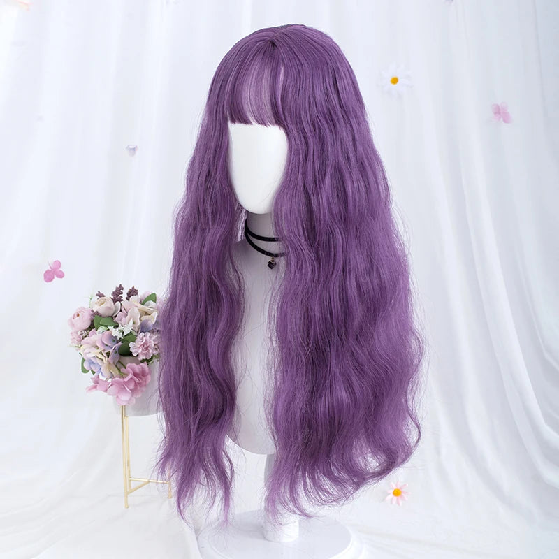 Long Wavy Synthetic Wig Deep Purple with Bangs Perfect for Daily Wear Cosplay Party Looks Fashion Fake Hair