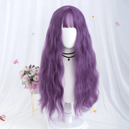 Long Wavy Synthetic Wig Deep Purple with Bangs Perfect for Daily Wear Cosplay Party Looks Fashion Fake Hair