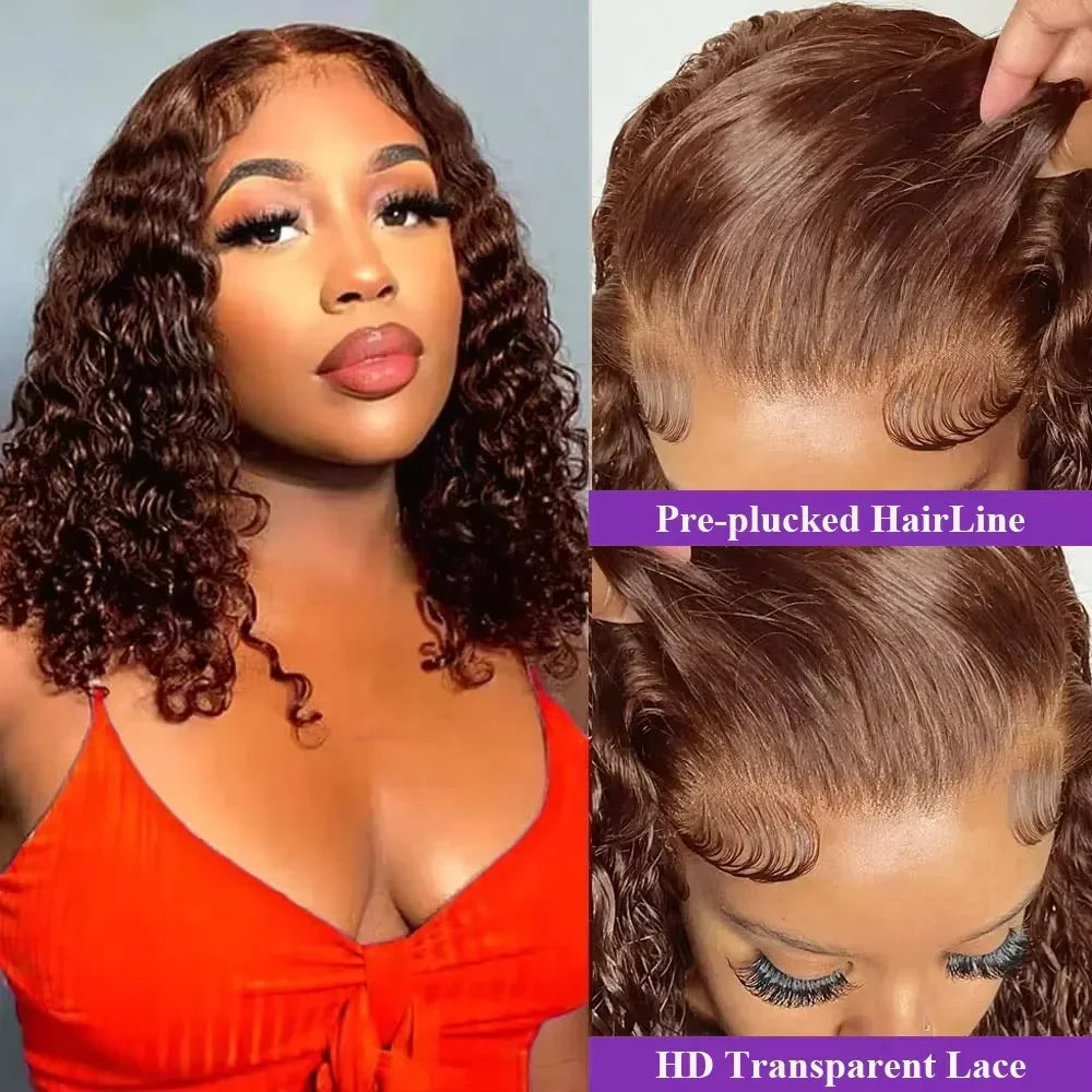 Deep Wave #4 Brown Water Wave Human Hair Bob Wigs 13×4 Lace Frontal Wigs Human Hair Short Wig Transparent Lace Human Hair Wig