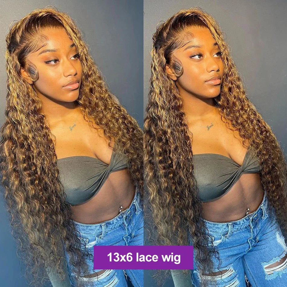 4/27 32 Inch Highlight Honey Brown Curly Lace Front Human Hair Wigs 13x6 Ombre Colored Deep Wave Lace Frontal Wigs Women ﻿
