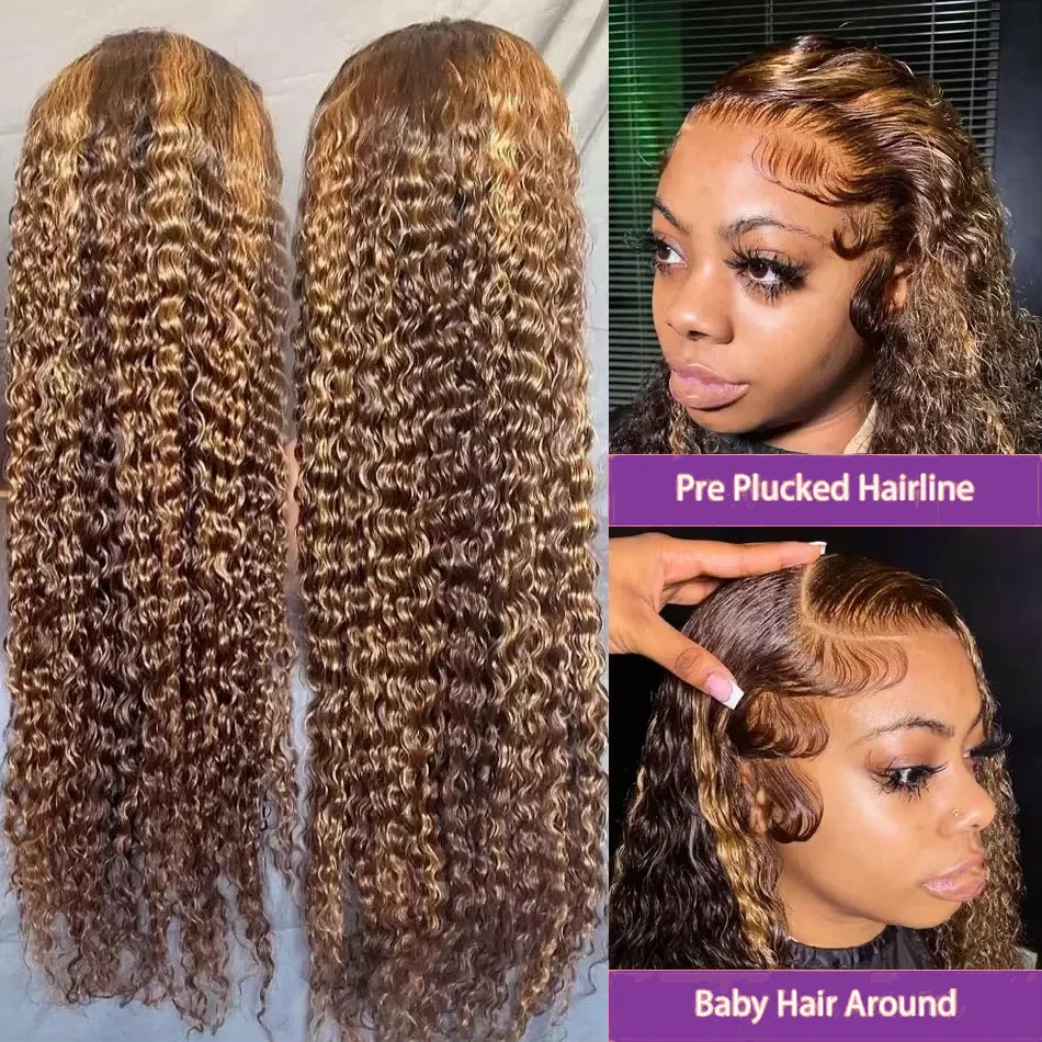 4/ 27 Highlight Honey Brown Curly Transparent HD 13x4 Lace Frontal Real Human Hair Wigs Ombre Color Deep Water Wave Full Wigs