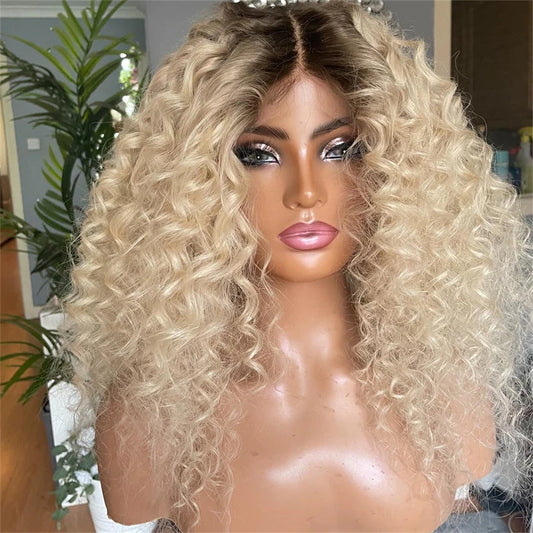 Deep Curly Honey Blonde Wig Short Dark Roots Synthetic Lace Front Wig For Women Daily Use Baby Hair Glueless Wig