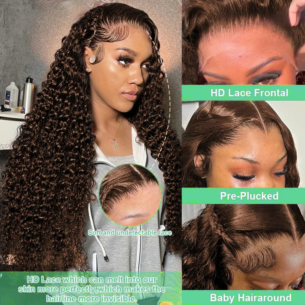 40 30 Inch Chocolate Brown Deep Wave Lace Front Wigs 100% Human Hair #4 Colored 13x4 13x6 Hd Curly Lace Frontal Wigs Pre Plucked