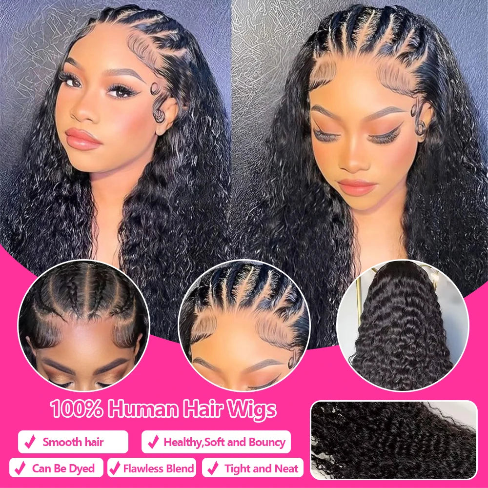 Deep Wave Pre Braided Wigs 13x4 HD Lace Frontal Black Human Hair Curly Wigs boho braids Water Wave Brazilian human hair Wigs