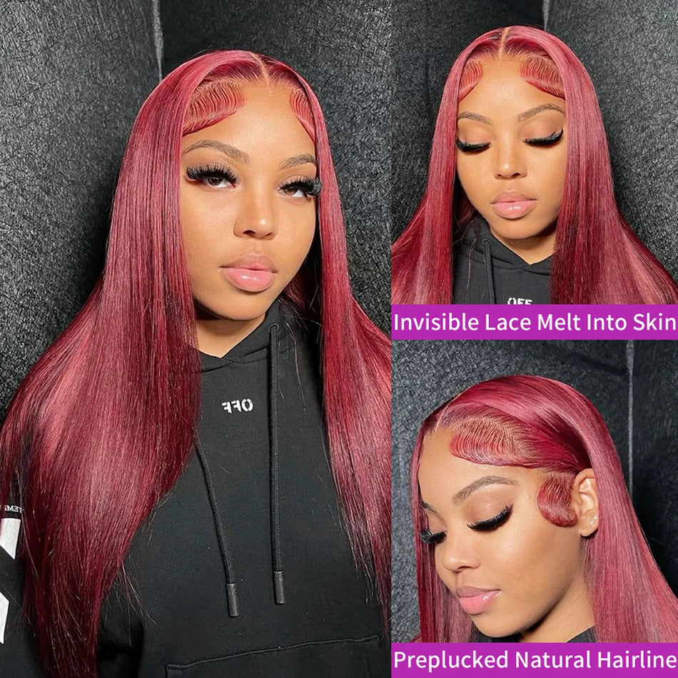 250 Density 99J Burgundy 13x6 Lace Frontal Human Hair Wigs Brazilian Colored 30 40 Inch Straight Red Lace Front Wigs Human Hair