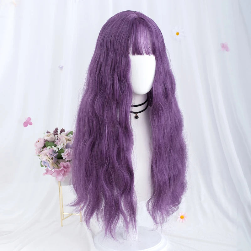 Long Wavy Synthetic Wig Deep Purple with Bangs Perfect for Daily Wear Cosplay Party Looks Fashion Fake Hair