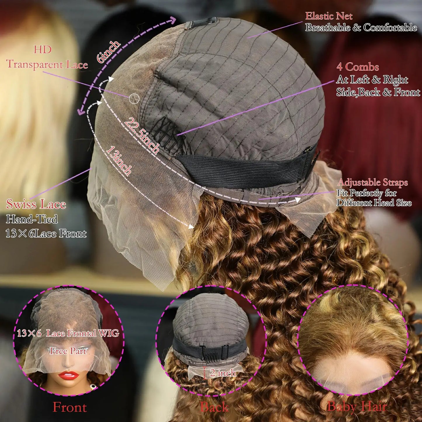 4/ 27 Highlight Honey Brown Curly Transparent HD 13x4 Lace Frontal Real Human Hair Wigs Ombre Color Deep Water Wave Full Wigs