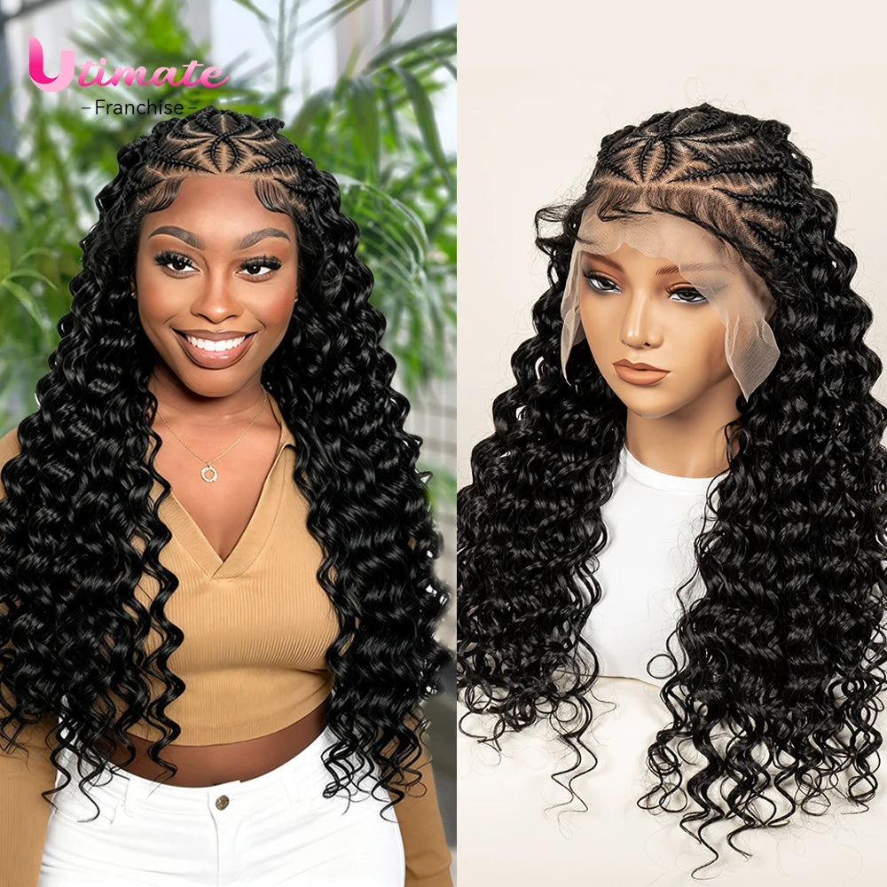 Deep Wave Full Lace Braided Hair Wigs With Baby Hair For Women Braiding Half Cornrow Synthetic Hair wig Pre Styled Braid Wigs