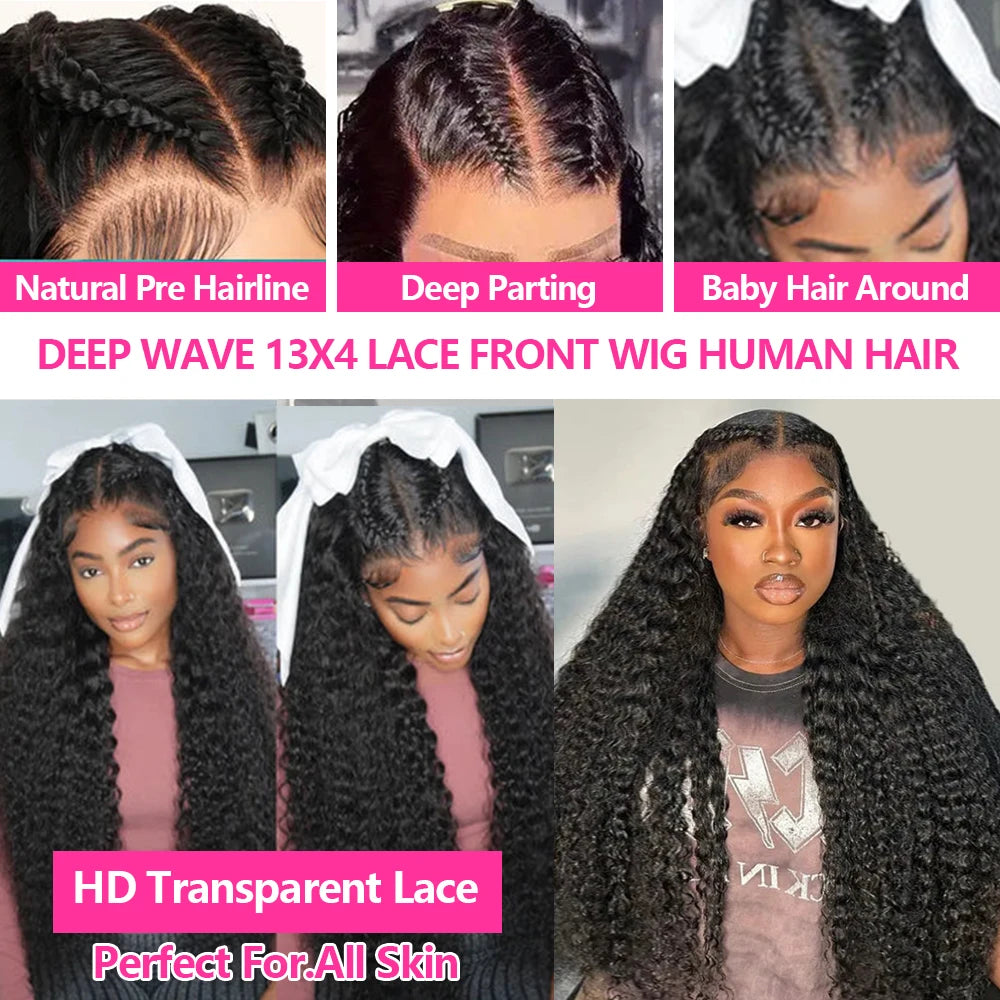 Deep Wave Pre Braided Wigs 13x4 HD Lace Frontal Black Human Hair Curly Wigs boho braids Water Wave Brazilian human hair Wigs