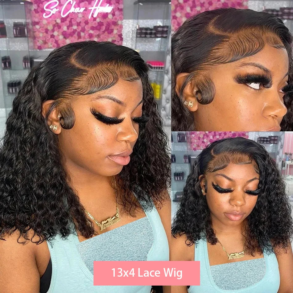 Curly Deep Water Wave 13x4 HD Lace Front Wigs Glueless Short Bob Wig Brazilian 100% Human Hair 4x4 Transparent Lace Frontal Wig