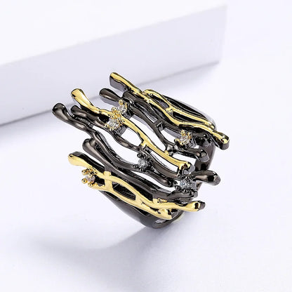 Rings for Women Geometric Hollow Irregular Branch Shape Women's Jewelry Fashion Party Gift Black Gold Color Accessories
