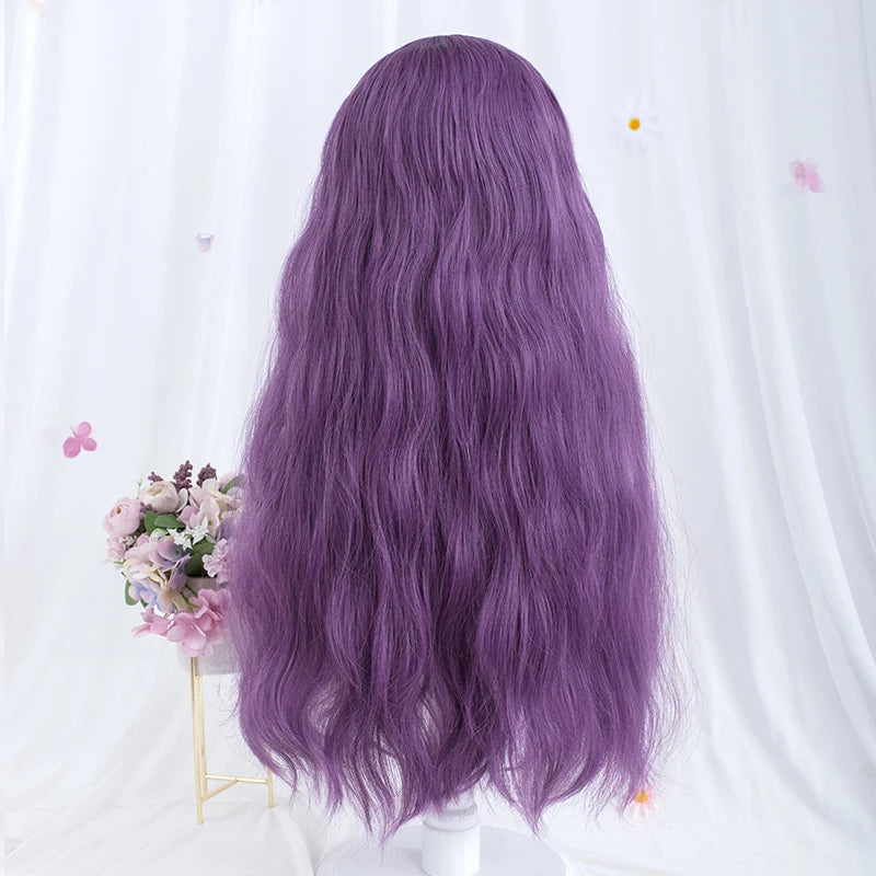 Long Wavy Synthetic Wig Deep Purple with Bangs Perfect for Daily Wear Cosplay Party Looks Fashion Fake Hair