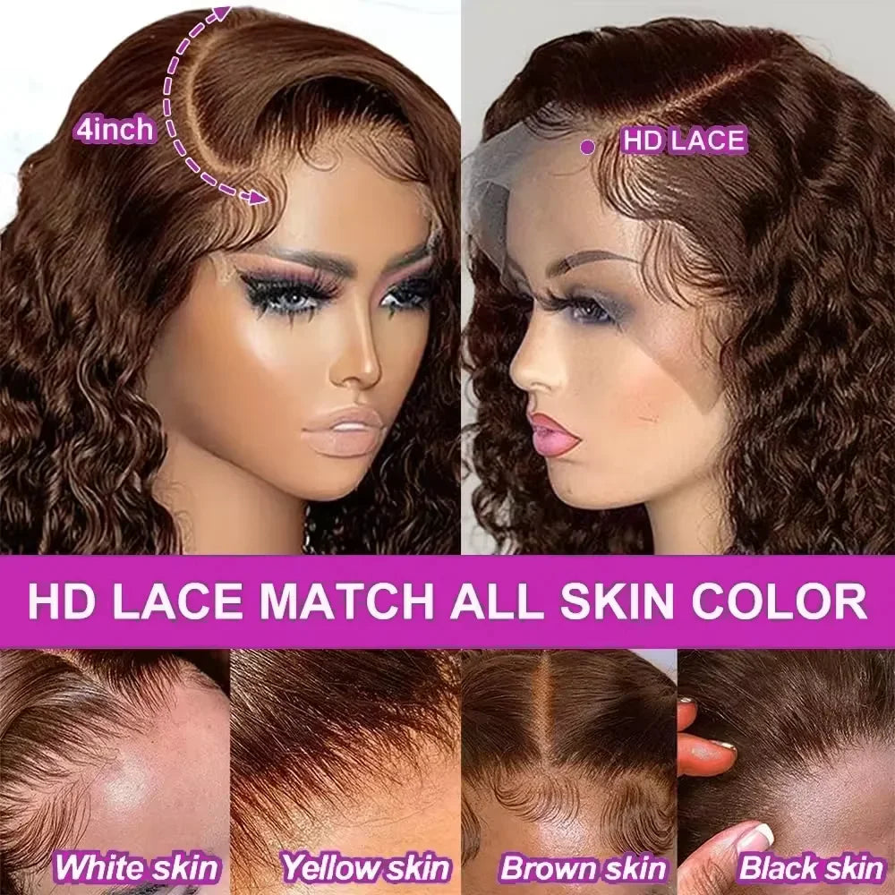 Deep Wave #4 Brown Water Wave Human Hair Bob Wigs 13×4 Lace Frontal Wigs Human Hair Short Wig Transparent Lace Human Hair Wig