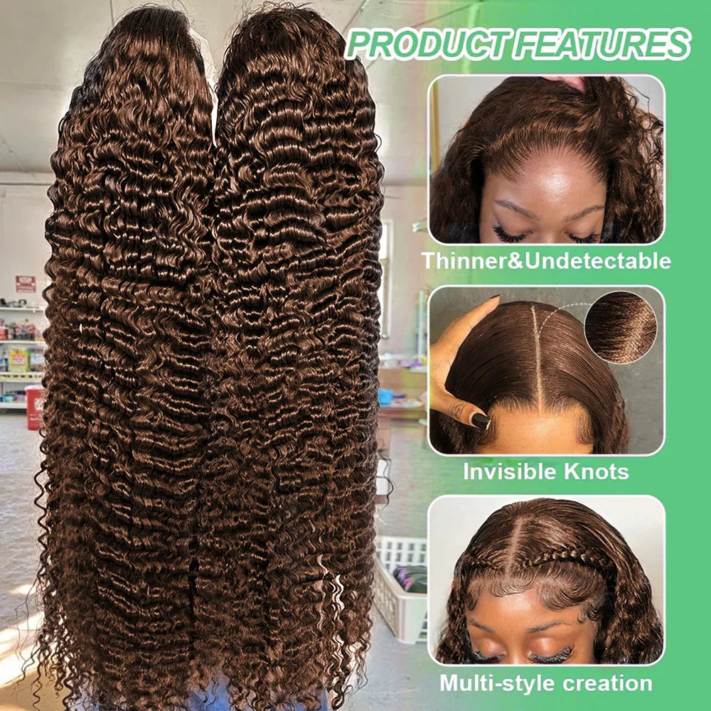 40 30 Inch Chocolate Brown Deep Wave Lace Front Wigs 100% Human Hair #4 Colored 13x4 13x6 Hd Curly Lace Frontal Wigs Pre Plucked