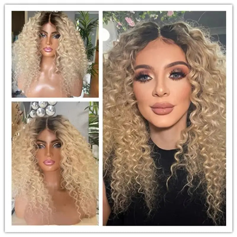 Deep Curly Honey Blonde Wig Short Dark Roots Synthetic Lace Front Wig For Women Daily Use Baby Hair Glueless Wig